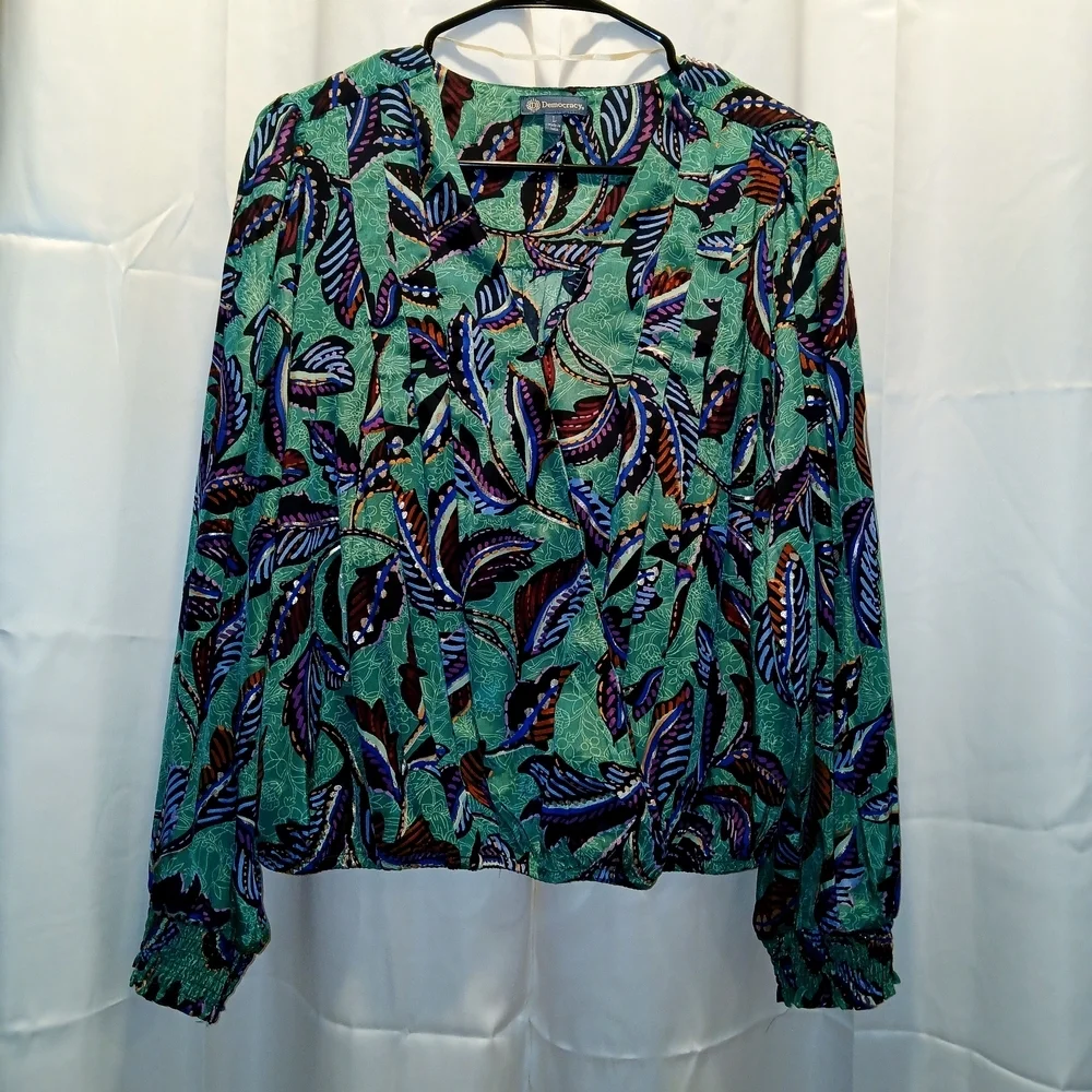 Democracy Teal and Purple Leaf Print Blouse - Picture 4 of 5